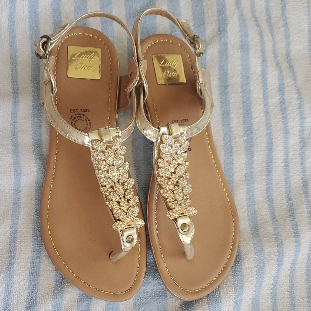 Gold and Tan Thong Sandals with Braided T-Strap